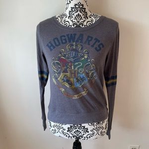 Gray Harry Potter Hogwarts long sleeve t shirt with striped arms in gray cozy